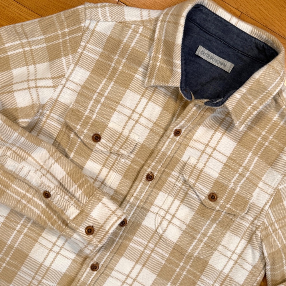 Outerknown Blanket Shirt Mens Small Tan White Plaid Organic Cotton Button Down